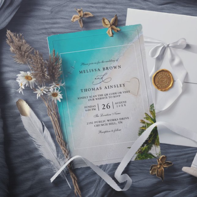 Tropical Beach Monogram Modern QR Code Wedding Inbjudningar (Skapare uppladdad)