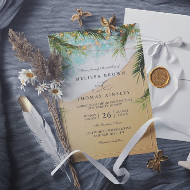 Tropical Beach Palm Lights Photo QR Code Wedding Inbjudningar (Skapare uppladdad)