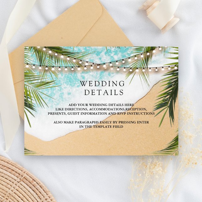 Tropical Beach Palm String Lights Wedding Details Tilläggskort (Skapare uppladdad)