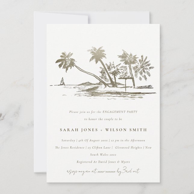 Tropical Beach Palm Tree Sketch Gold Engagement Inbjudningar (Framsida)
