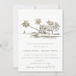 Tropical Beach Palm Tree Sketch Gold Engagement Inbjudningar