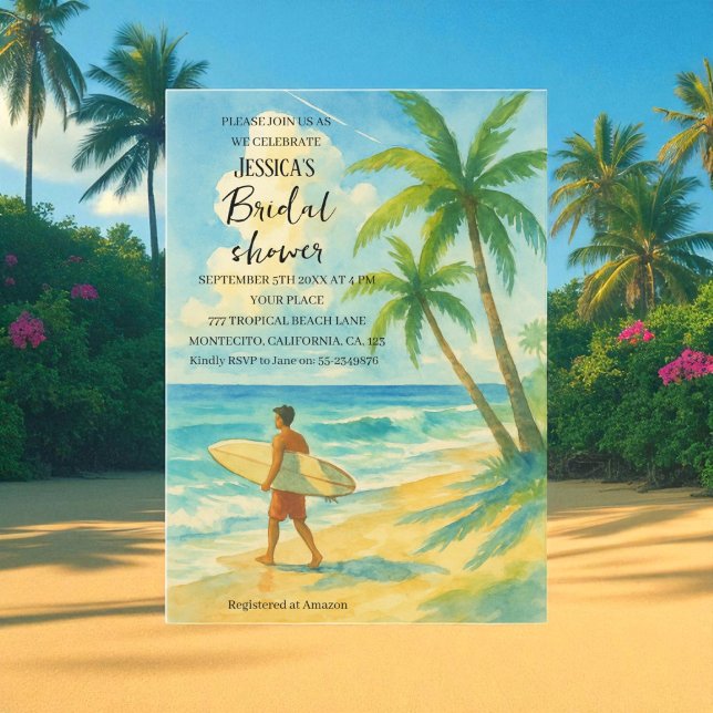 Tropical Beach Palm Tree Surfing Bridal Shower Inbjudningar (Skapare uppladdad)