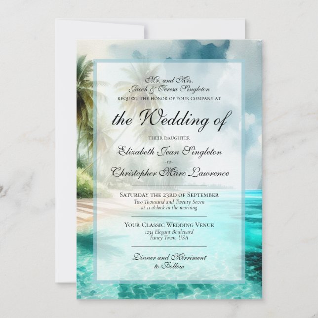 Tropical Beach & Palm Trees Formal Wedding Inbjudningar (Framsida)