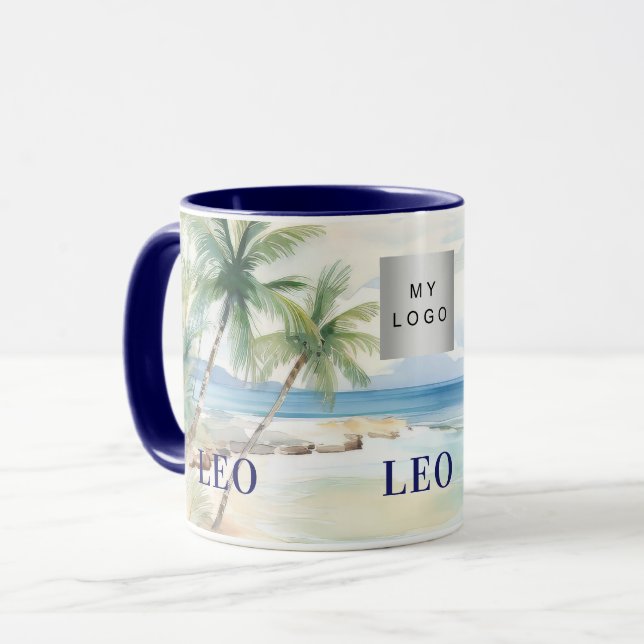 Tropical beach palm trees name business logo mugg (Framsida vänster)