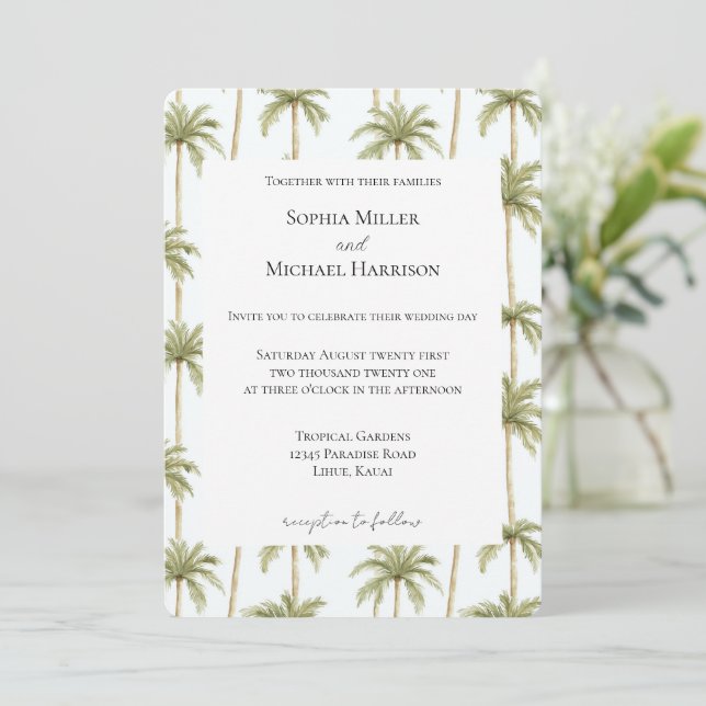 Tropical Beach Palm Trees Wedding Inbjudningar (Stående Fram)