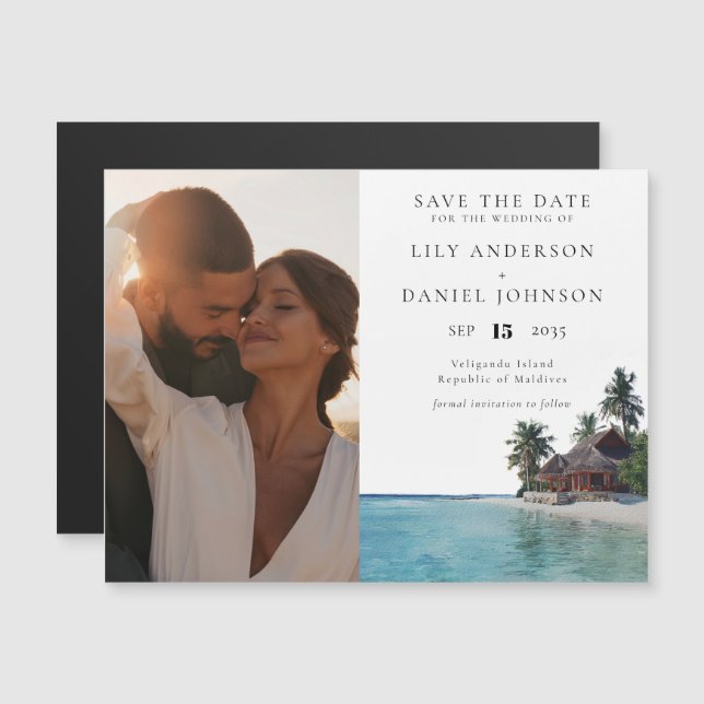 Tropical Beach Photo Wedding Save The Date Magnetisk Inbjudningskort (Fram/baksida)