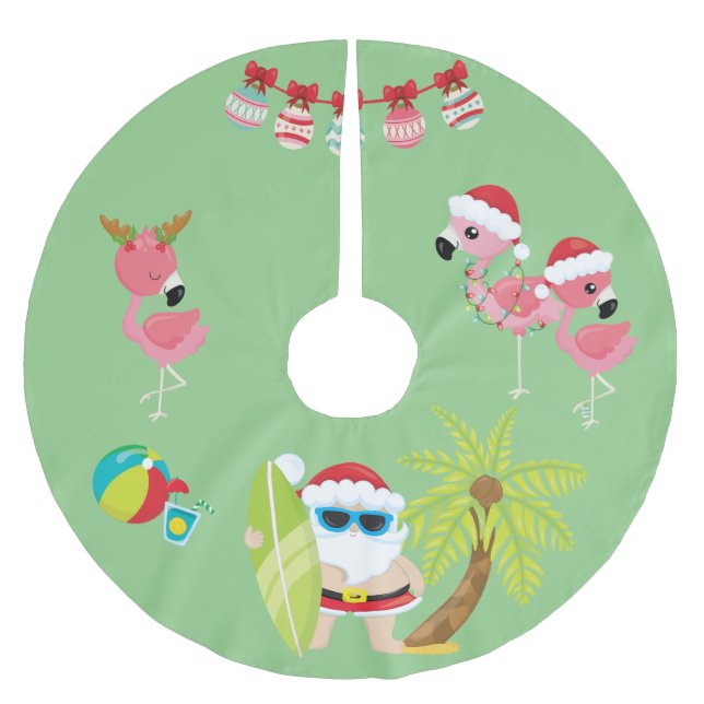 Tropical Beach Santa and Flamingos Julgransmatta Borstad Polyester (Framsidan)