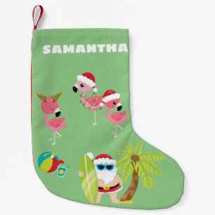 Tropical Beach Santa and Flamingos Liten Julstrumpa