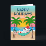 Tropical Beach Santa Hammock Handflatan Träd Helgkort<br><div class="desc">Julkortet för tropisk och kustnära tema har tomtslaxning i en hammock på stranden, njuter av havets vinkarare och en färgstark solnedgång och handflatan träd som är ute i stranden ljus. Cover hälsning säger "Glad helg" i marinblått. Inuti hälsning och namn kan man vara personlig (visas med "varmaste Önskemål" men skulle...</div>