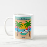 Tropical Beach Santa Mele Kalikimaka jul Kaffemugg<br><div class="desc">Det tropiska temat och kusttemat mugg har tomtslaxning i en hammock på stranden,  njuter av havet vinkarare och en färgstark solnedgång och handflatan träd som är gift i stränderna ljus. Hälsning säger "Mele Kalikimaka" (Hawaiian God jul) i marinblått. Båda linjerna kan vara personlig. Originalteckningen KL Lagrar.</div>