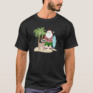 Tropical Beach Santa with Surfboard and Reindeer T Shirt