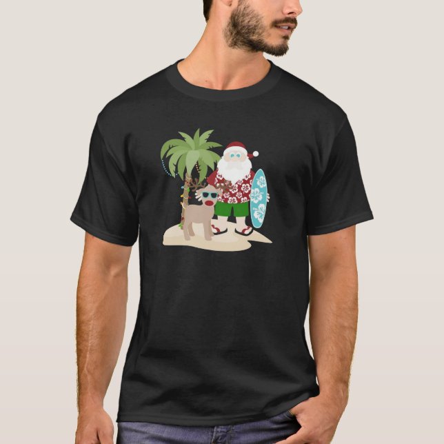 Tropical Beach Santa with Surfboard and Reindeer T Shirt (Framsida)