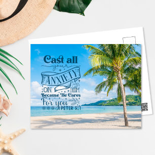 Tropical Beach Scenery, 1 Peter 5:7 Bible Verse Vykort