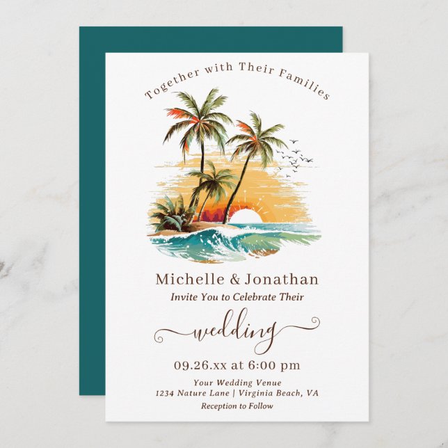 Tropical Beach Sunset Destination Wedding Inbjudningar (Fram/baksida)
