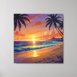 Tropical Beach Sunset - Illustration Style Art Canvastryck