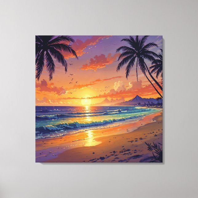 Tropical Beach Sunset - Illustration Style Art Canvastryck (Framsida)
