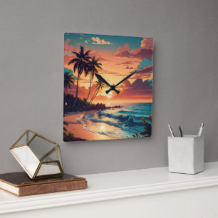 Tropical Beach Sunset Large Fyrkantig Klocka
