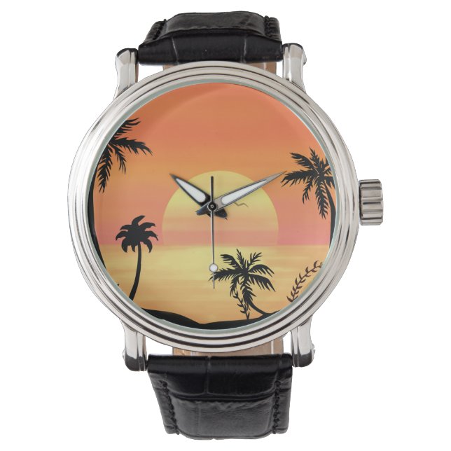 Tropical Beach Sunset Palm Tree Silhouette Art Armbandsur (Framsida)