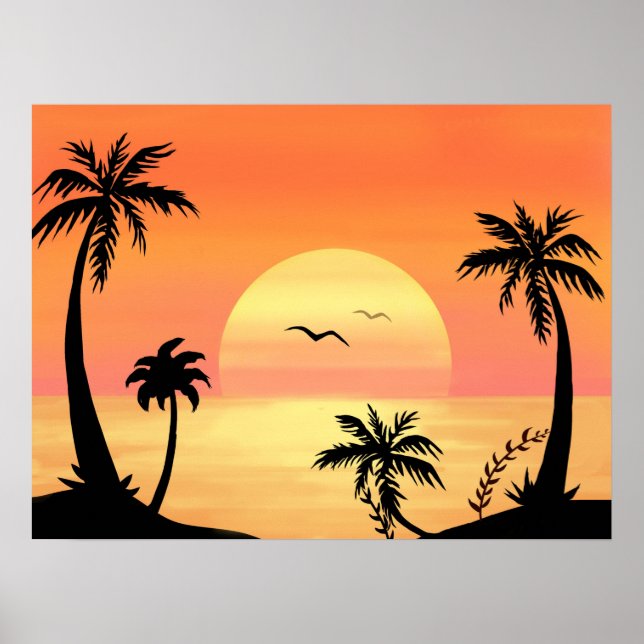 Tropical Beach Sunset Palm Tree Silhouette Art Poster (Framsidan)