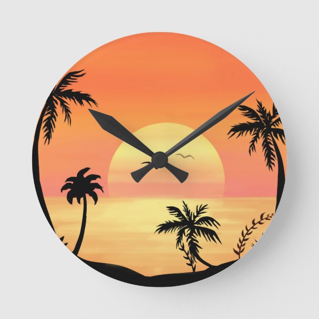 Tropical Beach Sunset Palm Tree Silhouette Art Rund Klocka (Framsida)