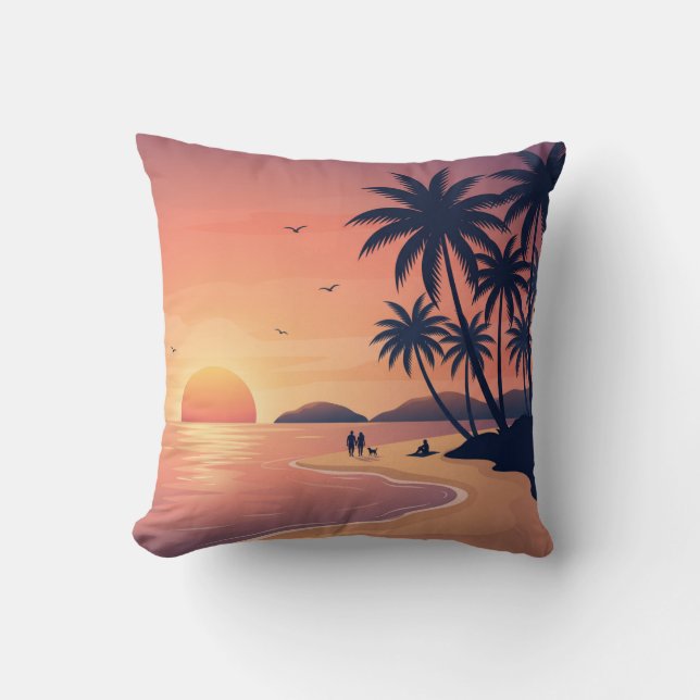 Tropical Beach Sunset with Palm Trees Throw Pillow Kudde (Framsida)