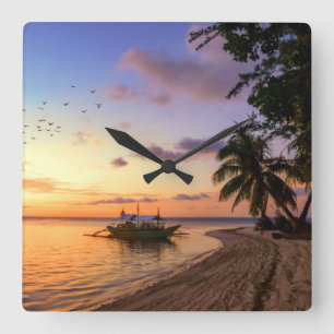 Tropical Beach Tahiti Island Sunset Fyrkantig Klocka