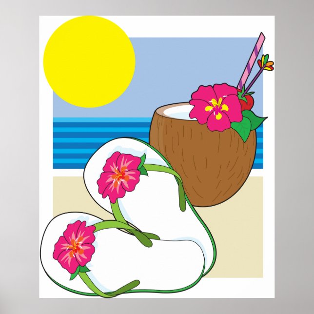 Tropical Beach Vacation Coconut Flowers Flip Flops Poster (Framsidan)