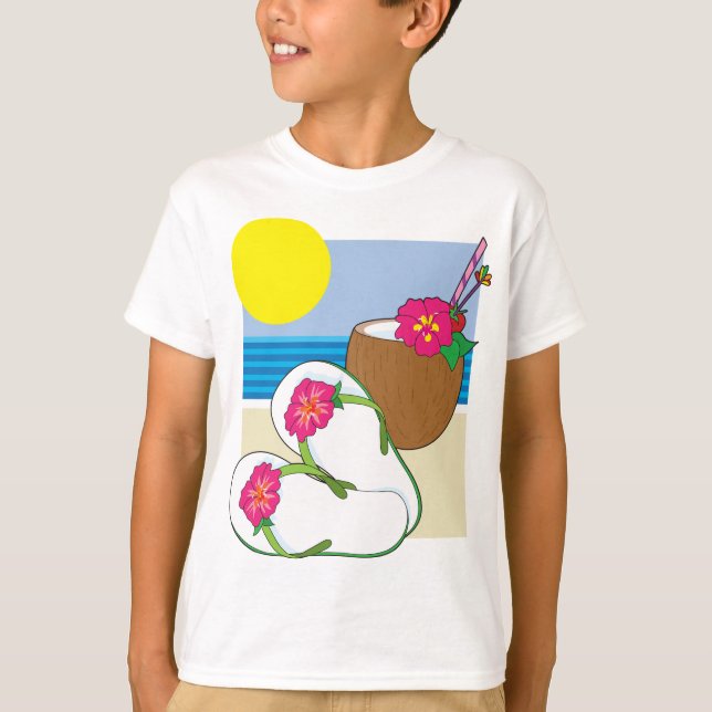 Tropical Beach Vacation Coconut Flowers Flip Flops T Shirt (Framsida)