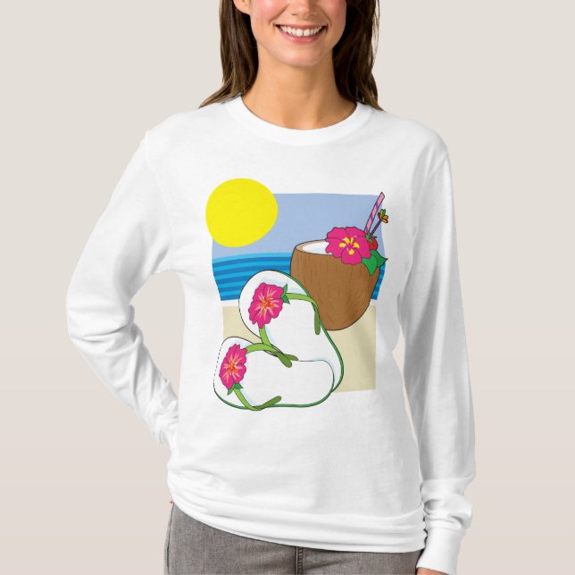 Tropical Beach Vacation Coconut Flowers Flip Flops T Shirt (Framsida)