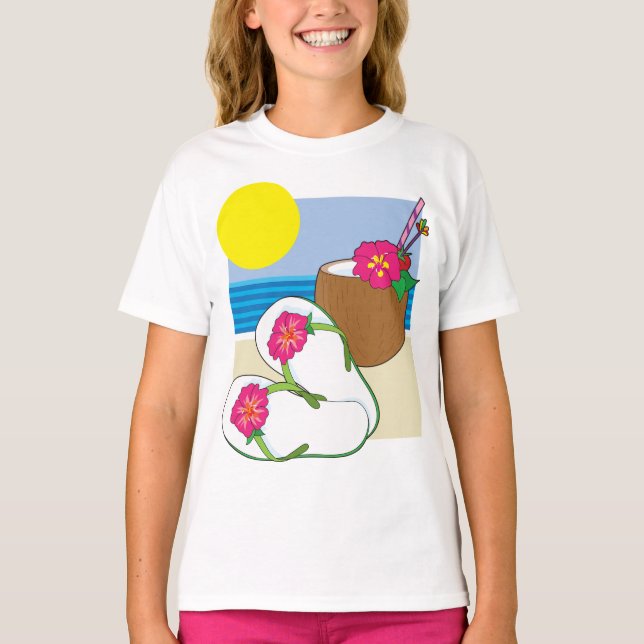 Tropical Beach Vacation Coconut Flowers Flip Flops T Shirt (Framsida)