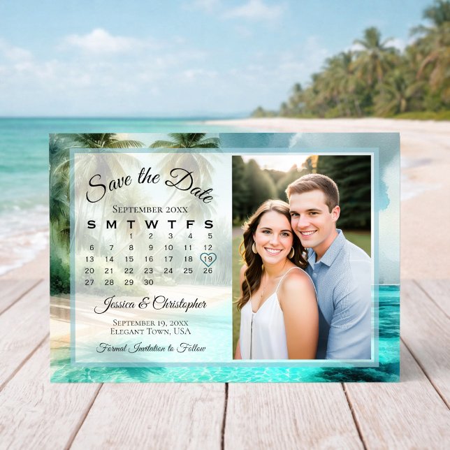 Tropical Beach Watercolor Calendar & Photo Wedding Spara Datumet (Skapare uppladdad)