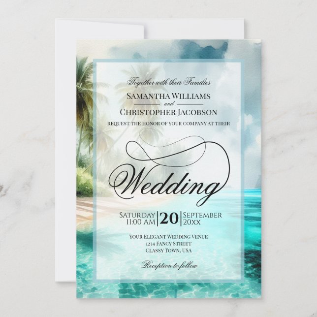 Tropical Beach Watercolor Fancy Script Wedding Inbjudningar (Framsida)