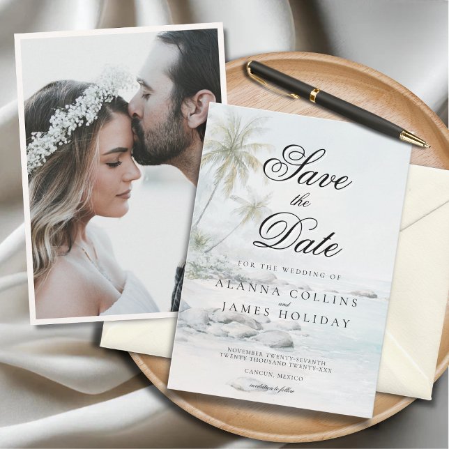 Tropical Beach Watercolor Photo Save the Date  Inbjudningar (Beach-themed “Save the Date” card for Alanna Collins and James Holiday beside a wedding photo.)