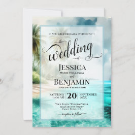 Tropical Beach Watercolor Stylish Script Wedding Inbjudningar