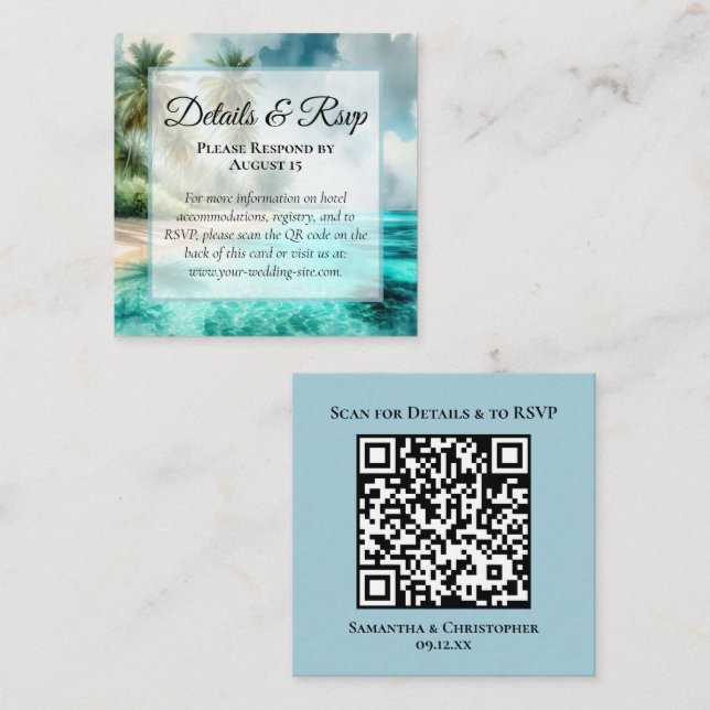 Tropical Beach Wedding Details & RSVP QR Code Tilläggskort (Fram/baksida)