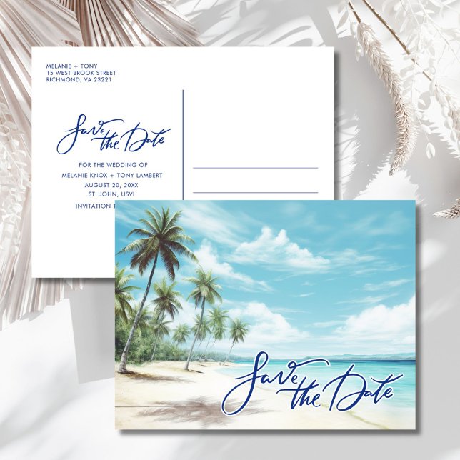 Tropical Beach Wedding Save the Date  Meddelande Vykort (Tropical Beach Wedding Save the Date Announcement Postcard)