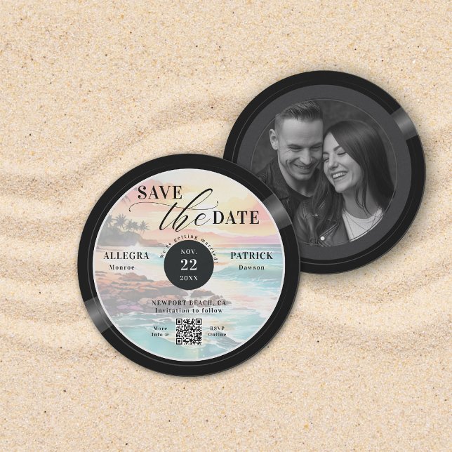 Tropical Beach Wedding Spara datum Musician QR Spara Datumet (tropical beach wedding save the date photo musician music lover vintage vinyl record QR code romance)