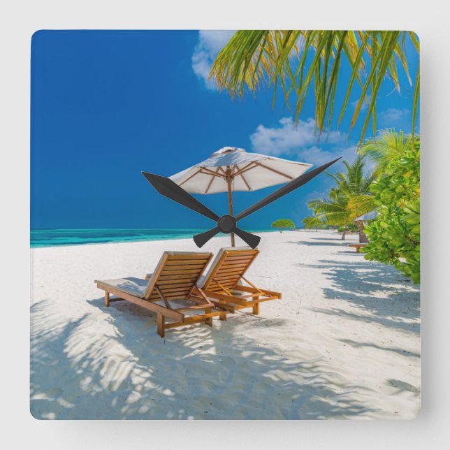 Tropical Beaches | Lounge Chairs Beach, Bora Bora Fyrkantig Klocka (Framsida)