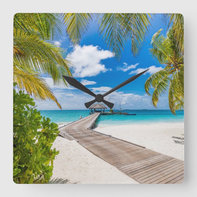 Tropical Beaches | Maldives Island Wooden Jetty Fyrkantig Klocka (Framsida)