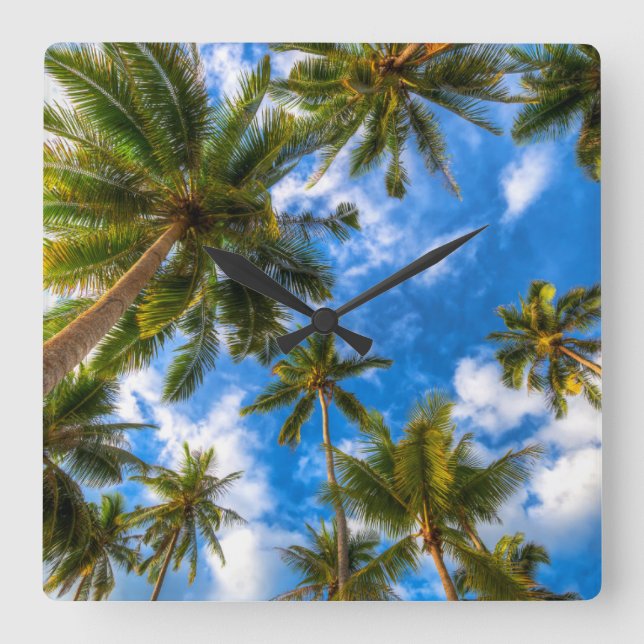 Tropical Beaches | Palm Trees on Blue Sky Fyrkantig Klocka (Framsida)