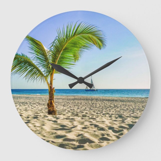Tropical Beaches | Sailboat, Palm Tree, Aruba Stor Klocka (Framsida)
