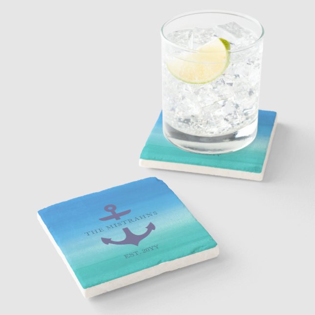 Tropical Beachy Nautical Anchor Boat Namn Stenunderlägg (Sidan)