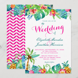 Tropical Berry Rosa Teal Blommigt Chevron Bröllop Inbjudningar