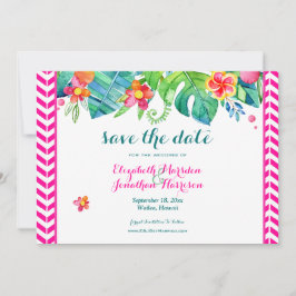 Tropical Berry Rosa Teal Blommigt Chevron Bröllop Spara Datumet