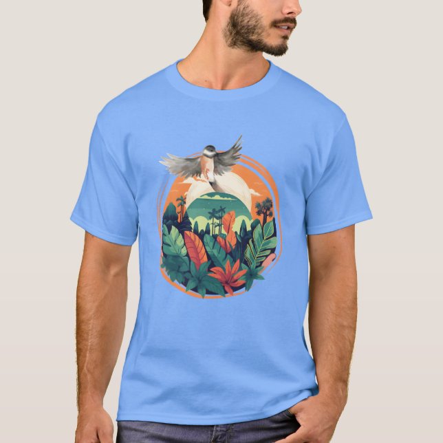 Tropical Bird and Jungle Sunset Scene-familjen T Shirt (Framsida)