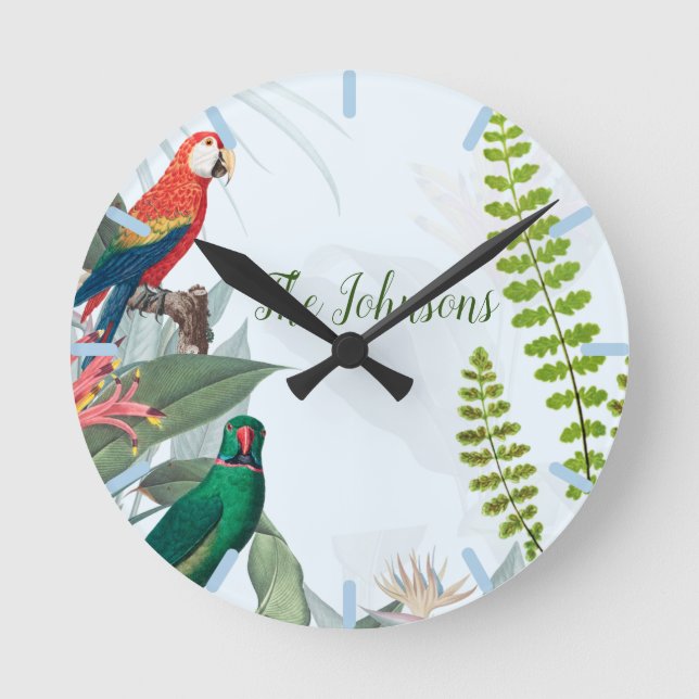 Tropical Birds Parrots & Foliage  Rund Klocka (Framsida)