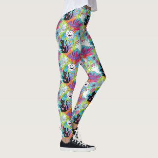 Tropical Black Cat Ghost Pumpkin Halloween Leggings