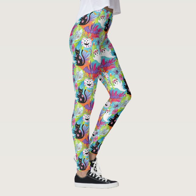 Tropical Black Cat Ghost Pumpkin Halloween Leggings (Höger)