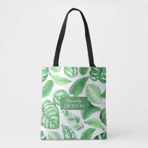 Tropical Blommigt Grönt Lövs Greenery Monogram Tygkasse