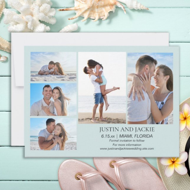 Tropical Blue 5 Foto Bröllopsdatum Spara    Spara Datumet (Tropical beach blue wedding photo Save the Date card)